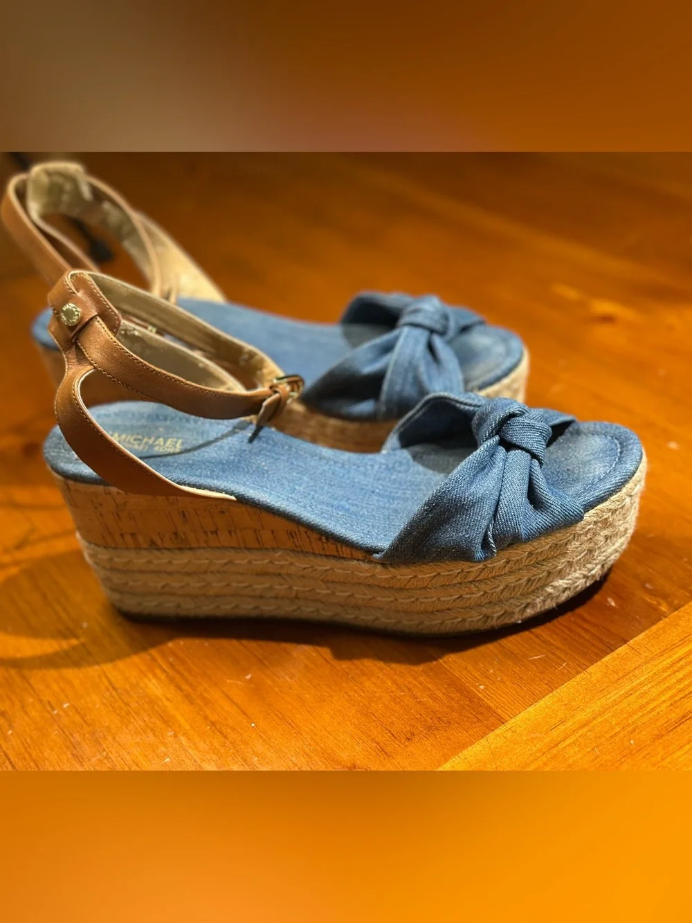 Michael Kors Denim Knot Espadrille Wedge Sandals with Tan Ankle Strap